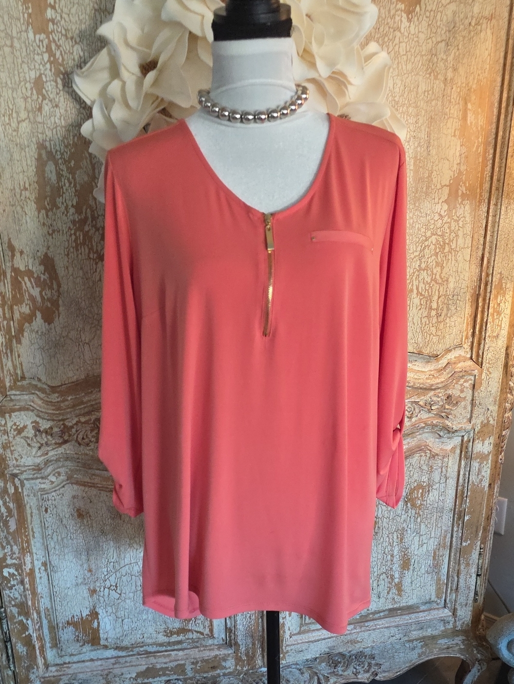 Roz & Ali Women’s Coral Zip-Front Blouse 1X